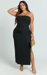 Avery Midi Dress - Strapless Draped Side Split Dress in Black
