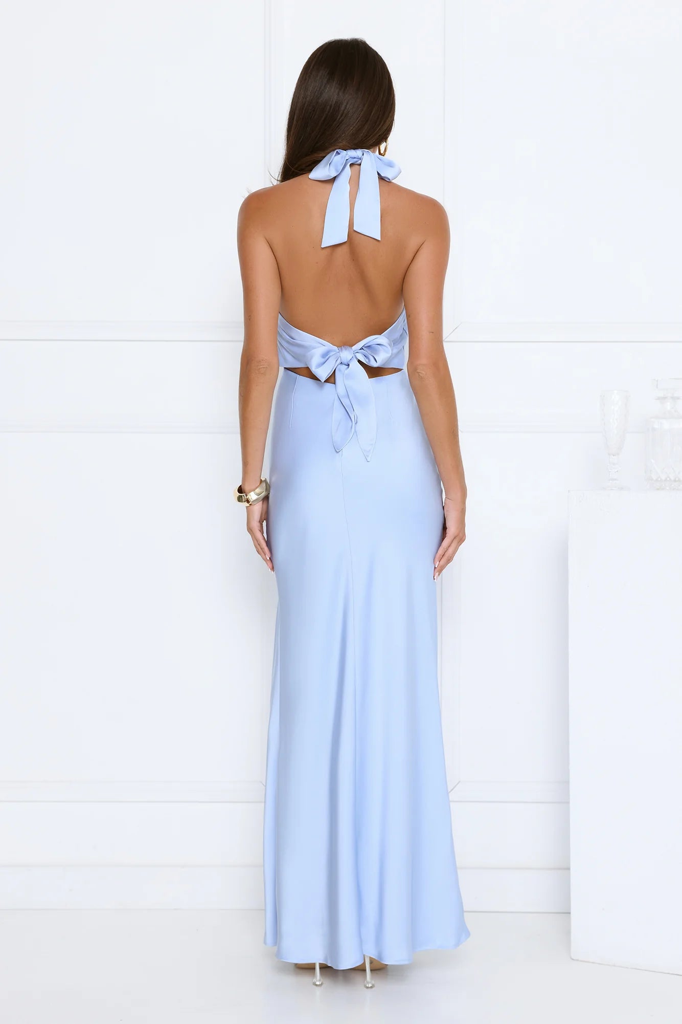 élégance Halter Satin Maxi Dress Blue