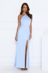 élégance Halter Satin Maxi Dress Blue