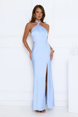 élégance Halter Satin Maxi Dress Blue